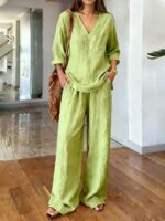 2026 Spring & Summer New Arrival Women's Casual Loose V-Neck Pullover Long-Sleeve Solid Color Two-Piece Set - Image 4