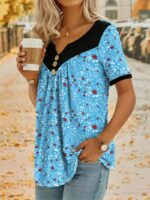 Amazon Ebay New Wish Small Flower Stitching Button Casual Short-sleeved Top - Image 4