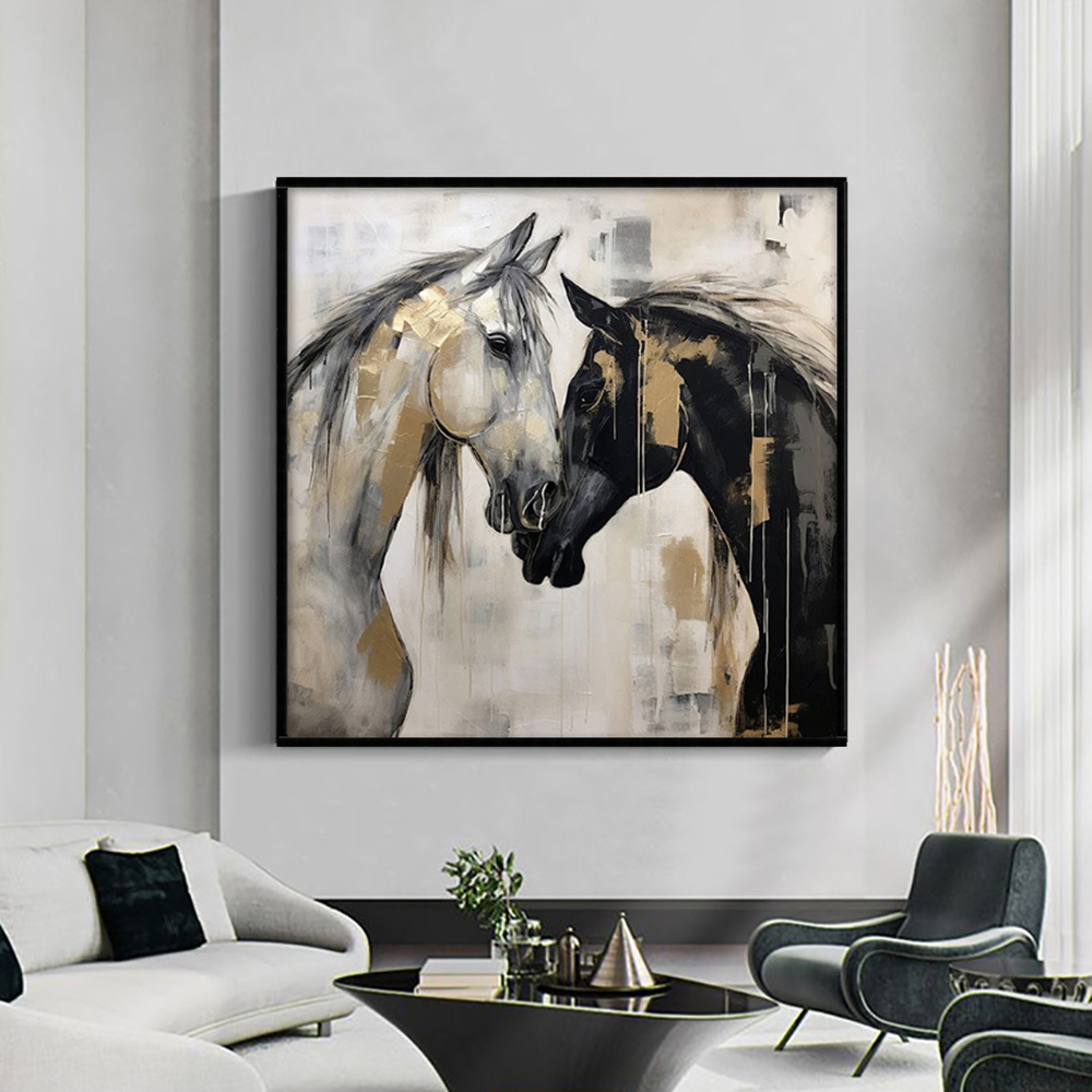 dc3f15cf-9245-4ace-8336-fc2c0abca07e.jpg Hand-Painted Abstract Animal Horses Painting Texture Canvas Wall Art Modern Black And White Horses Painting Contemporary Office Decor - Image 1
