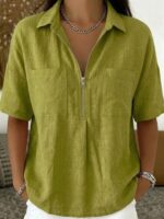 2026 New European American Women Casual Shirt, Loose Fit Collared VNeck Blouse With Zip Pocket, Solid Short Sleeve Top - Image 4