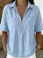2026 New European American Women Casual Shirt, Loose Fit Collared VNeck Blouse With Zip Pocket, Solid Short Sleeve Top - Image 3