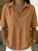 2026 New European American Women Casual Shirt, Loose Fit Collared VNeck Blouse With Zip Pocket, Solid Short Sleeve Top - Image 5
