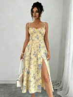 Summer Floral Print High Slit Cami Dress, Beach Vacation Dress