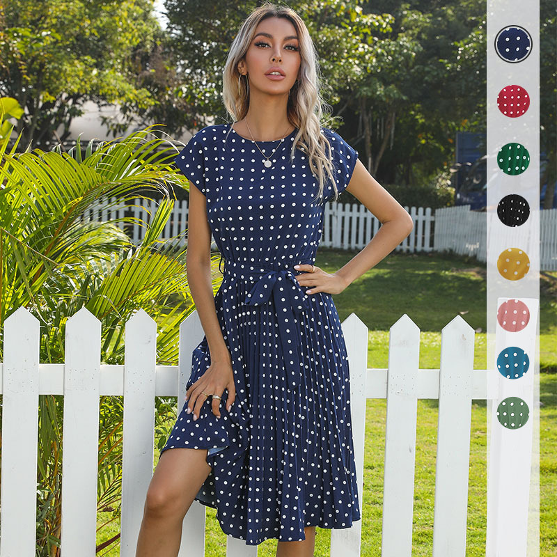 f2665e82-7b2f-4abf-8686-8b541483a1e5.jpg Summer Women Polka Dot Short Sleeve Dress Casual Bandage Party Pleated Midi Dresses Elegant Green Office Lady Clothing - Image 1