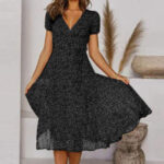 Printed V-Neck Short-Sleeved Lace-Up Dress - Image 3