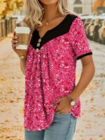 Amazon Ebay New Wish Small Flower Stitching Button Casual Short-sleeved Top - Image 2